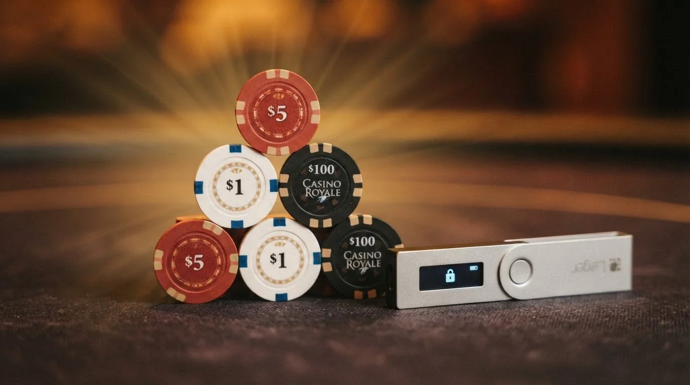 Una pila di fiches da casinò accanto a un wallet hardware Bitcoin, con raggi luminosi che suggeriscono un'offerta promozionale