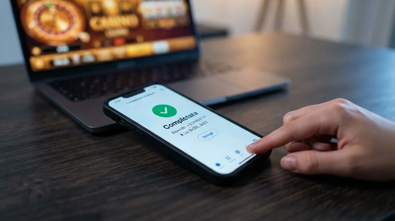 Uno smartphone che mostra la schermata di un wallet crypto con una transazione «completata» in pochi minuti, con l'interfaccia di un casinò sullo sfondo